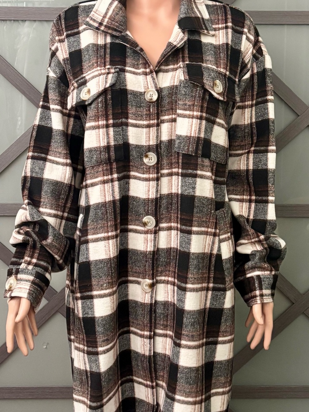 Vanilla Bay Plaid Button-Front Long Shacket in Brown, Black, Cream